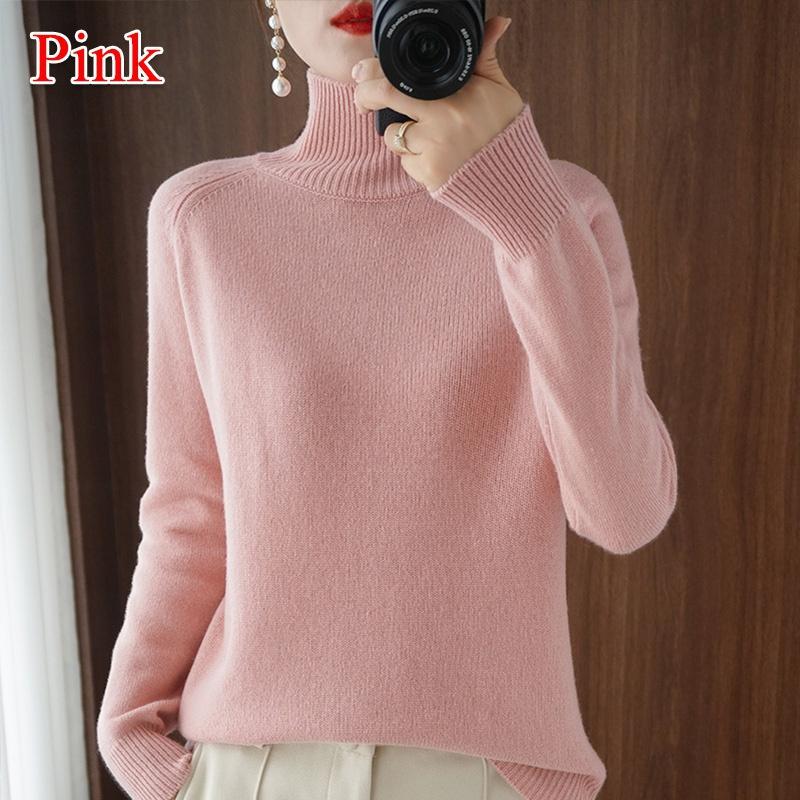 Wolle Reinem Kaschmir Pullover Frauen Pullover Pull Femme Herbst Winte High Neck Stricken Pullover Damen Rollkragen Jumper XXL hellrosa
