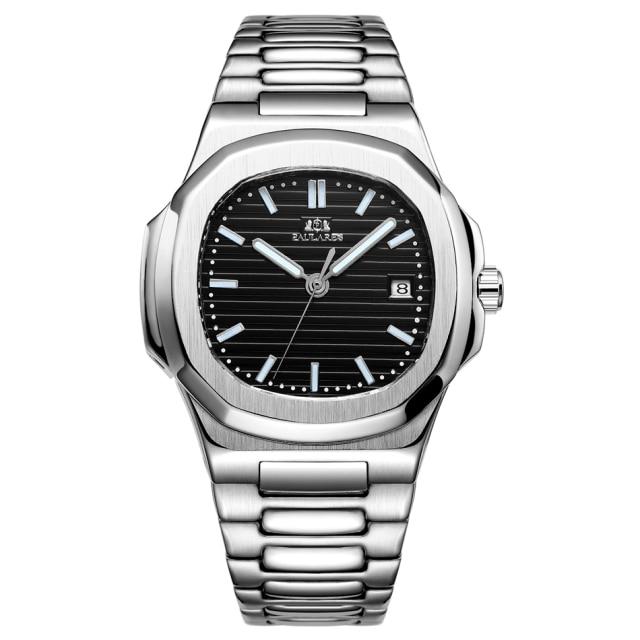 PAULAREIS Herren-Armbanduhr, automatisch, selbstaufziehend, mechanisch, leuchtend, Edelstahl, Blau, Grau, Kaffee, Schwarz, Weißes Zifferblatt, einfache Business-Armbanduhr schwarz