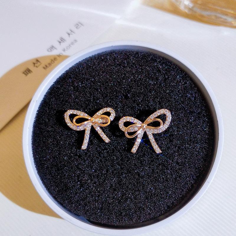Silberne Elegante Feen Schleifen Ohrringe Weibliches Temperament Netz Rote Diamant Ohrringe Gepiercte Luxus Mädchen Herz Ohrringe black