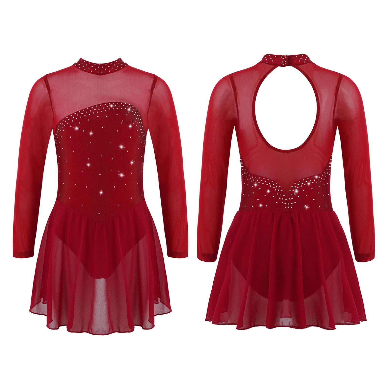 Kinder Mädchen Eiskunstlauf Tanzkleid Langarm Glänzende Strass Mesh Ballett Gymnastik Trikot Kleider Wettbewerb Dancewear 11-12 Years bordeaux