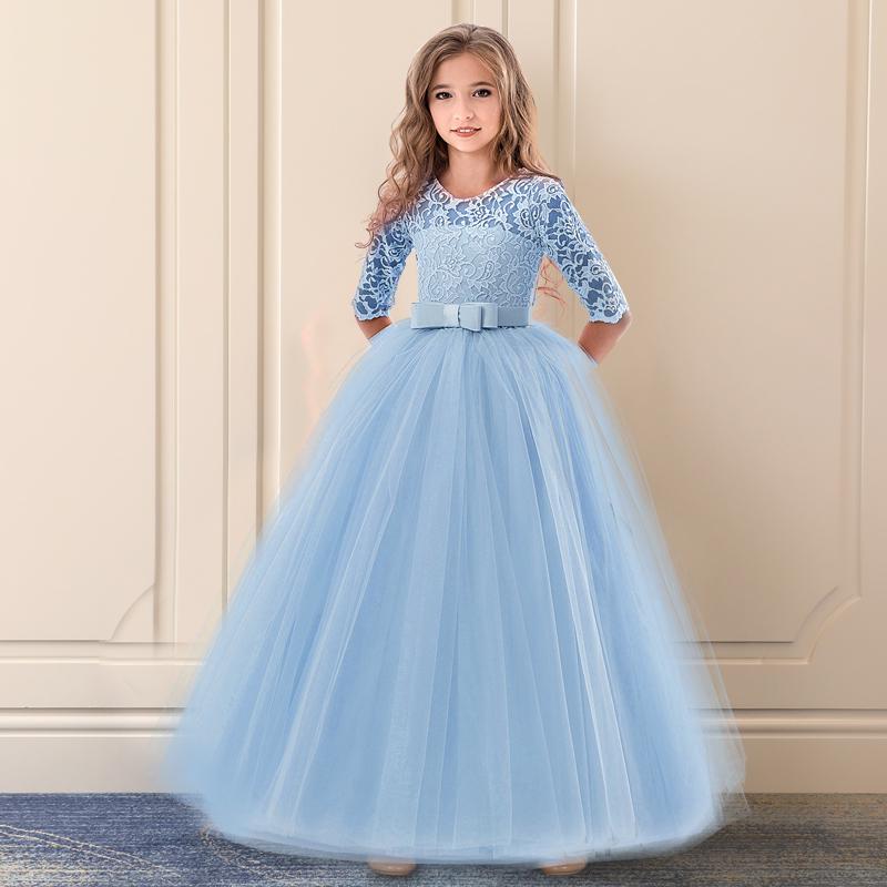 Kinder Blumenmädchen Hochzeitskleid Prinzessin Party Spitzenkleider Sommer Teenager Mädchen Formelle Kleider 13-14 Years blau