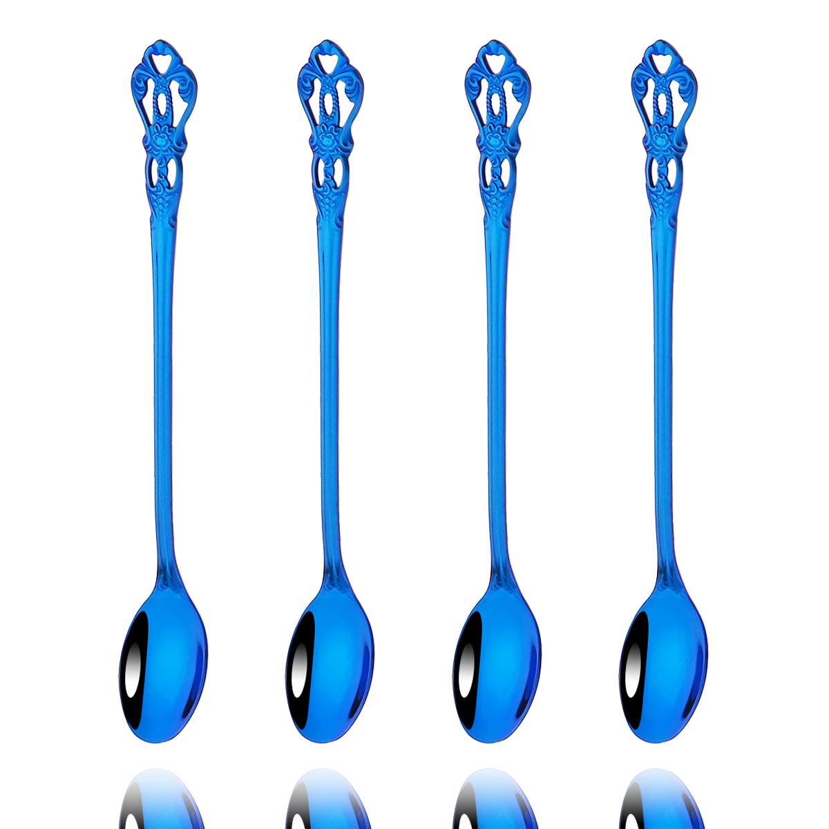 4Pcs Saft Kaffee Rühren Besteck Set Vintage Bunte Teelöffel Geschirr Eis Lange Griff Scoop Geschirr Küche Werkzeuge blau