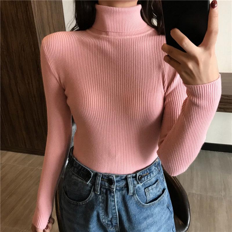 Gerippte Pullover Frauen Pullover Jumper Winter Schlank Rollkragen Gestrickte Pullover Weibliche Weiche Warme Langarm Strickwaren Pullover One Size rosa