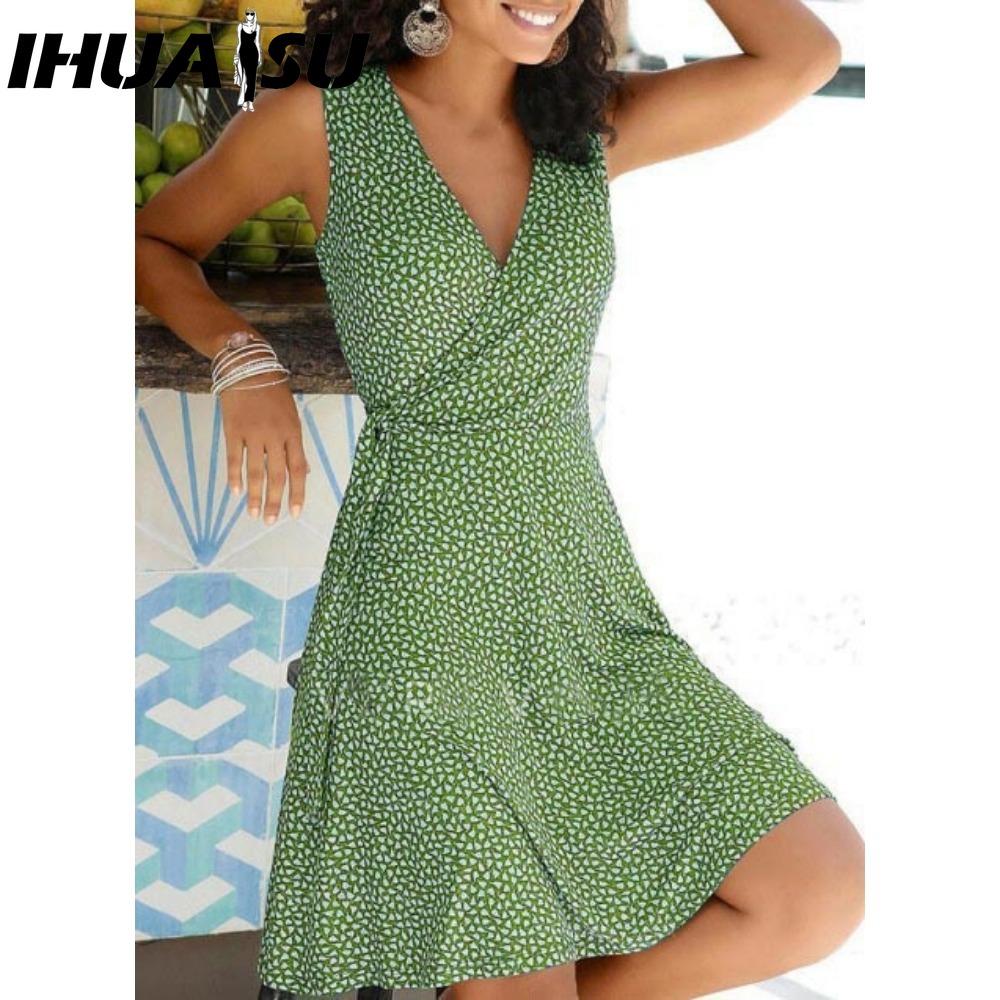IHUASU Gepunktetes Kleid Damen Ärmellos Bandage Strandkleid Sommer Böhmische Kleider für Damen Lässige V-Ausschnitt Kleider Damenrobe S grün