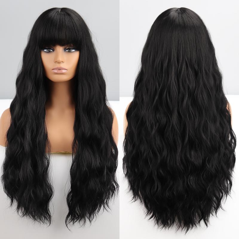 MERISIHAIR Damen-Perücke, modisch, lange, gewellte schwarze Perücke mit Pony, synthetische Faser, natürliche, tiefgewellte Perücke, tägliches Tragen, Cosplay, schwarze gewellte Perücke