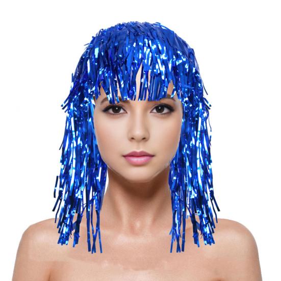 Folie Lametta Perücken für Erwachsene Kostüm Party Glänzende Lametta Perücke Metallic blau