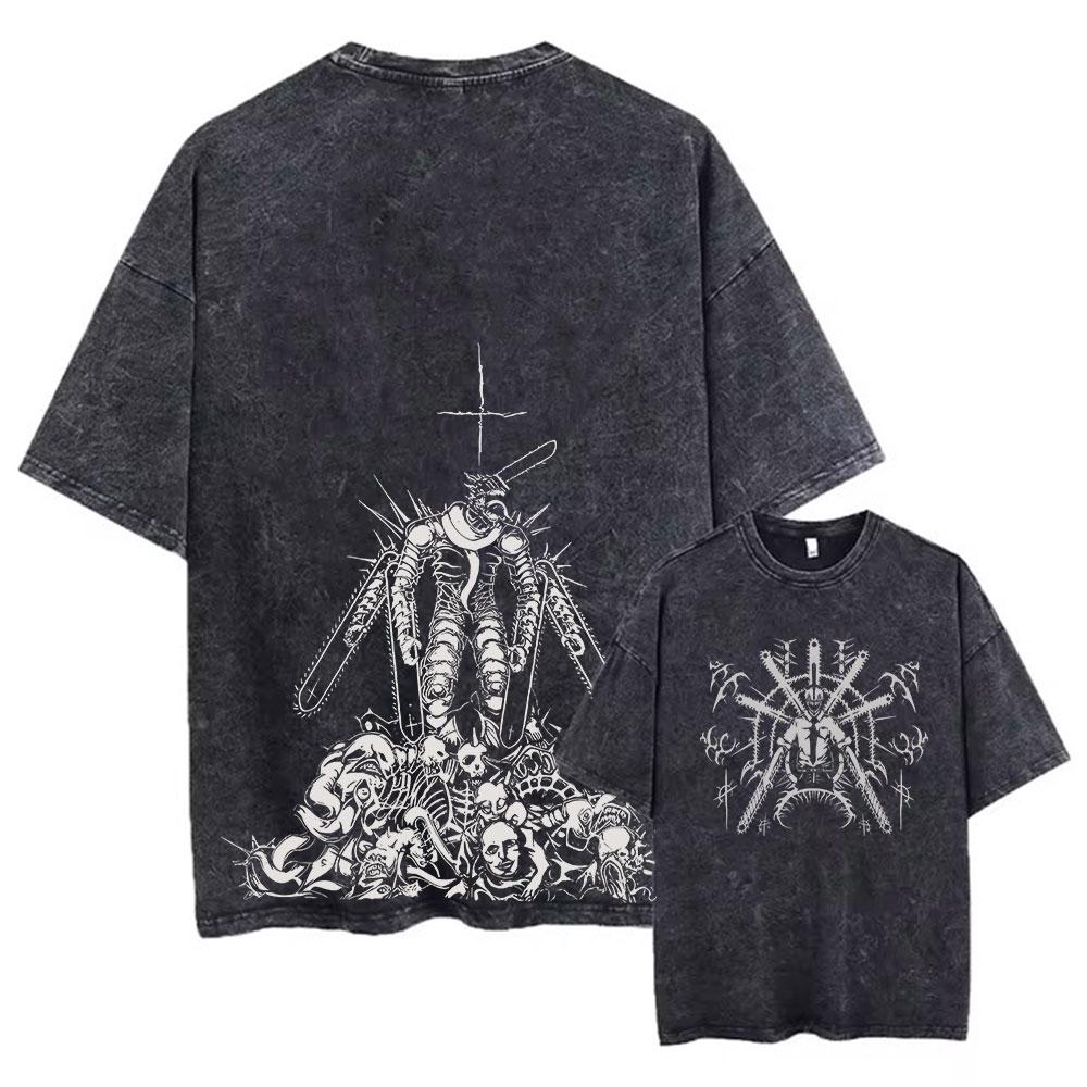 Anime Kettensägen-Wasch-T-Shirts Herren Vintage Gewaschenes T-Shirt Harajuku Übergroß Baumwoll-T-Shirt Baumwolle Mode Streetwear Unisex Oberteil XL