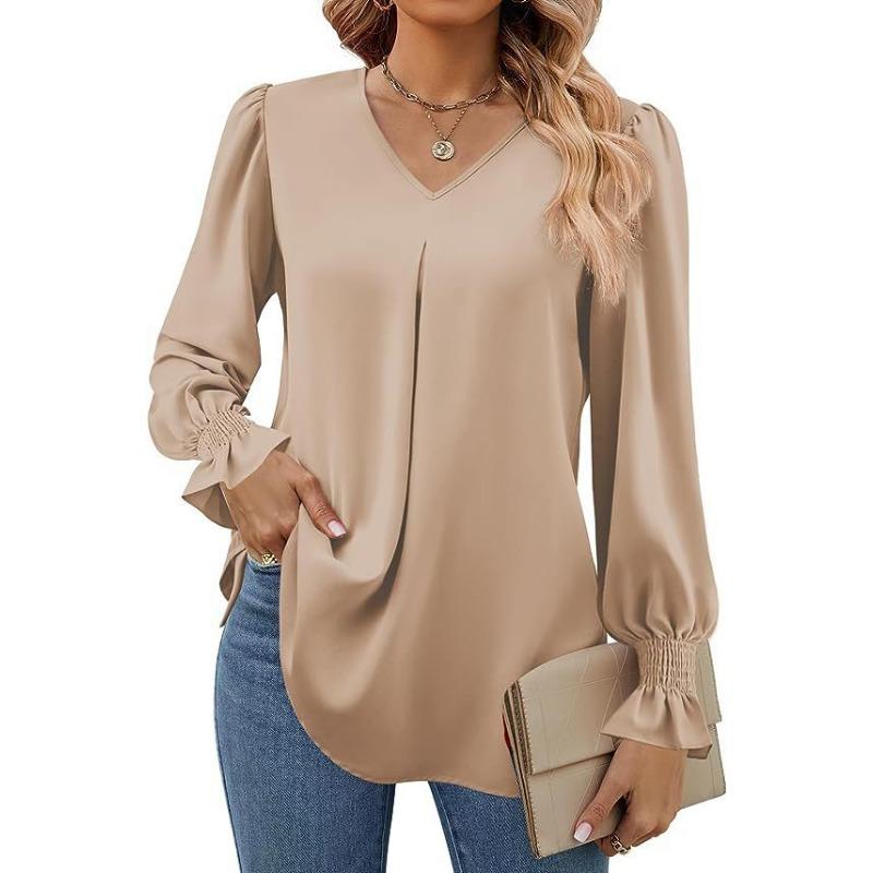 Damen Einfarbig Chiffon Pullover V-Ausschnitt Pullover Ausgestellt Langarm Bluse Bluse S khaki