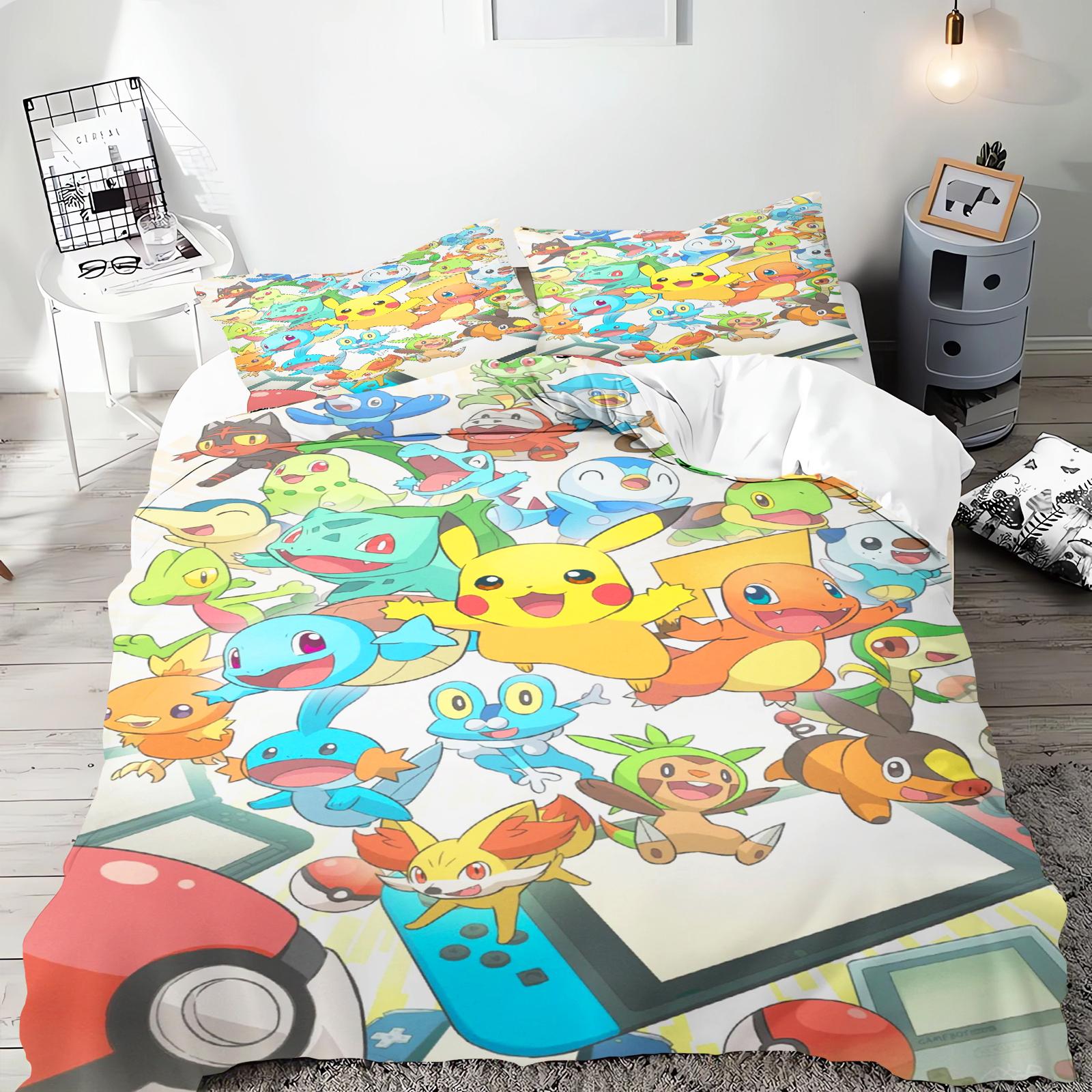 Pokémon Anime Bettwäsche-Set Comforte Bedruckt Cartoon Einzelbett Größe Bettwäsche-Sets Weihnachtsgeschenke 3-teilig AU Double(180*210cm)3pcs