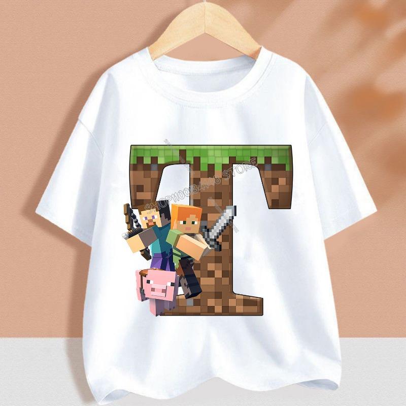 Heißes Pixel-Spiel T-Shirt Kinder A-Z Buchstabe Weiße Kleidung Cartoon Rundhals Kleidung Neu Kinder Kurzarm Sommer T-Shirt Top Geschenk 130