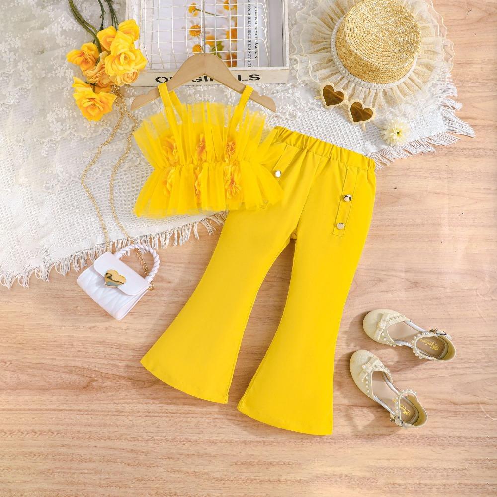 Heiße Verkäufe 2-7Y Mädchen Anzug Sommer Halter Top Mesh + Ausgestelltes Hosen Mädchen Mode Anzug Mädchen Hosen 4Y gelb