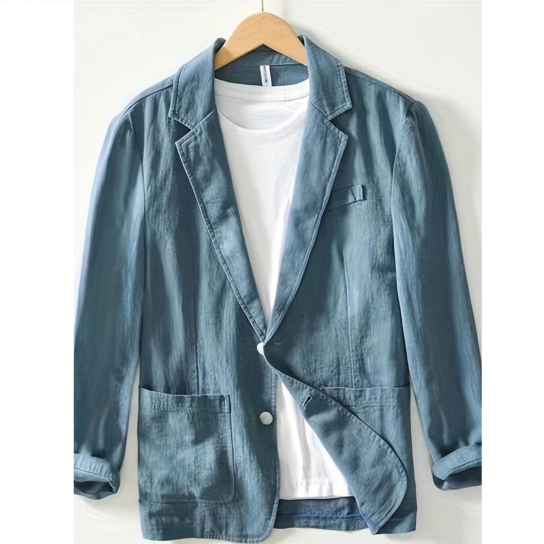 Herrenanzug Casual Einlagige Jacke Unifarben Baumwolle Leinen Casual Mode Herrenoberteil XXXL blau