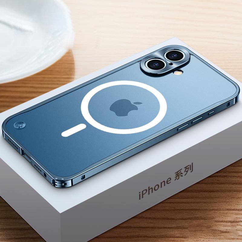 Magnetische Handyhülle mit Metallrahmen für iPhone 17 12 13 14 15 16 Pro Max Aluminiumlegierung Vollständiger Objektivschutz Abdeckung für iPhone 16 Galvanisierte Metall-Rückseite iPhone 16 Plus blau