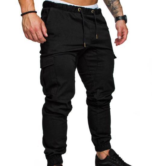 Männer Casual Einfarbig Taschen Taille Kordelzug Knöchel Gebunden Skinny Cargo Hosen M schwarz