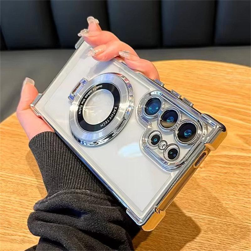 Luxuriöse, magnetische Schutzhülle mit Ständer, stoßfest, transparent, für Samsung Galaxy S24 Ultra S23 S22 S21 Note 20 10 Plus, Acryl-Rückseite Samsung Note 10 Plus silber