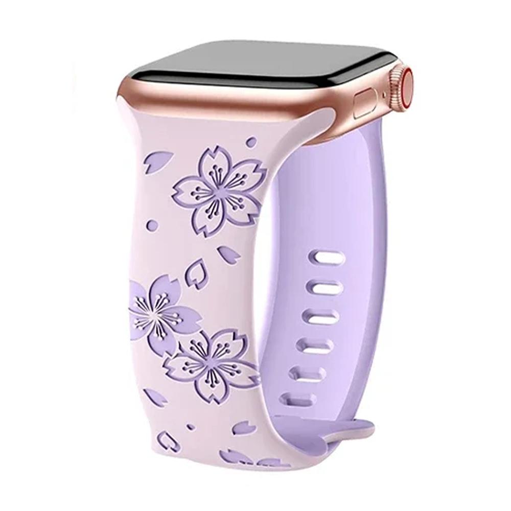 Weiches Silikon-Loop-Armband für Apple Watch Ultra2 49 mm 41 mm 42 mm 44 mm 45 mm 40 mm 38 mm Armband für Iwatch Serie 6 5 4 Se 7 8 9 Armband mit Blumengravur For 38mm 40mm 41mm violett