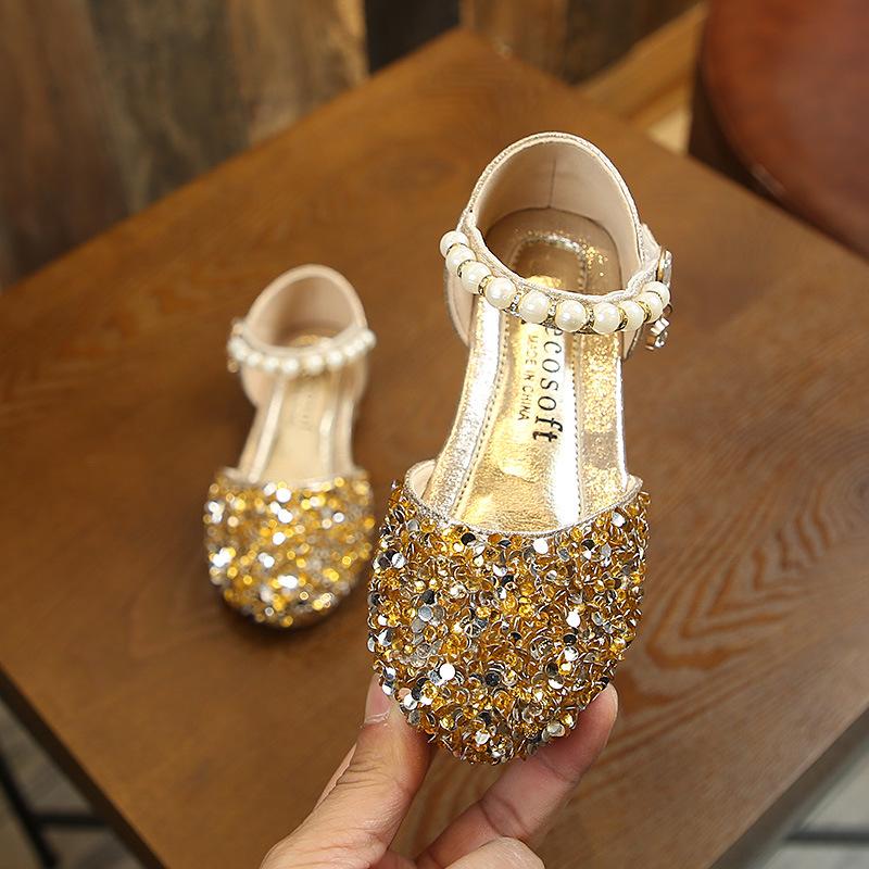 Sommer Neue Mode Mädchen Schuhe Strass Glänzende Prinzessin Schuhe Klett Einzelnen Schuhe Perle Pailletten Tanz Schuhe 27 gold