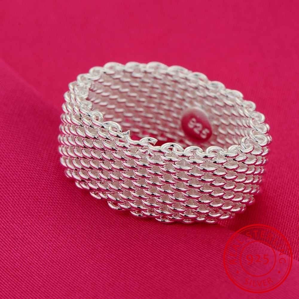 Neue Mode Breiten Silber Ring Weibliche Frauen Solide 925 Sterling Silber Ring Geflochtene Mesh Ring Personalisierte Silber Schmuck 7 brown