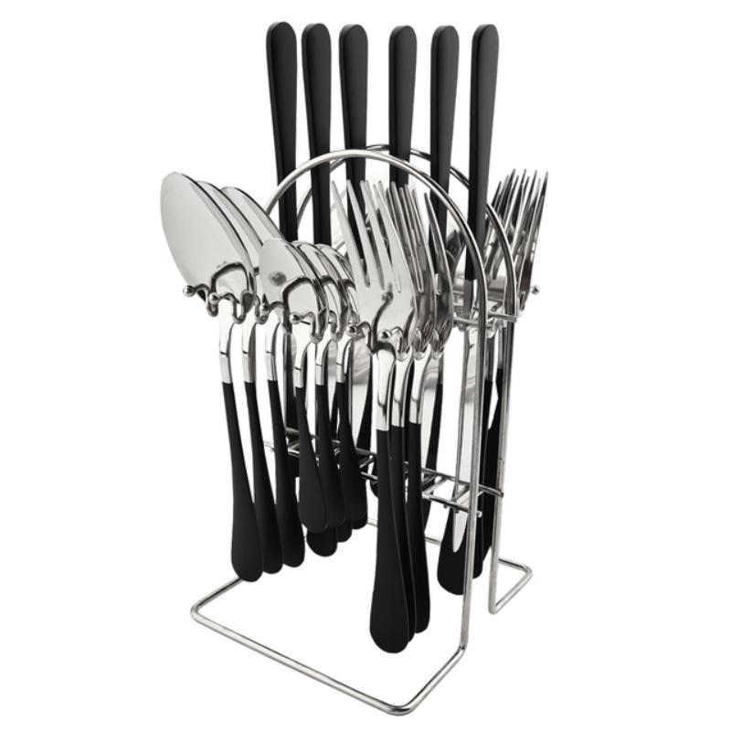 24-teiliges Besteck-Set auf Gestell, Edelstahl-Besteck-Set für Zuhause, Restaurant, Messer, Gabel, Löffel-Set, Küche, Abendessen, Besteck mit Halter silber/schwarz