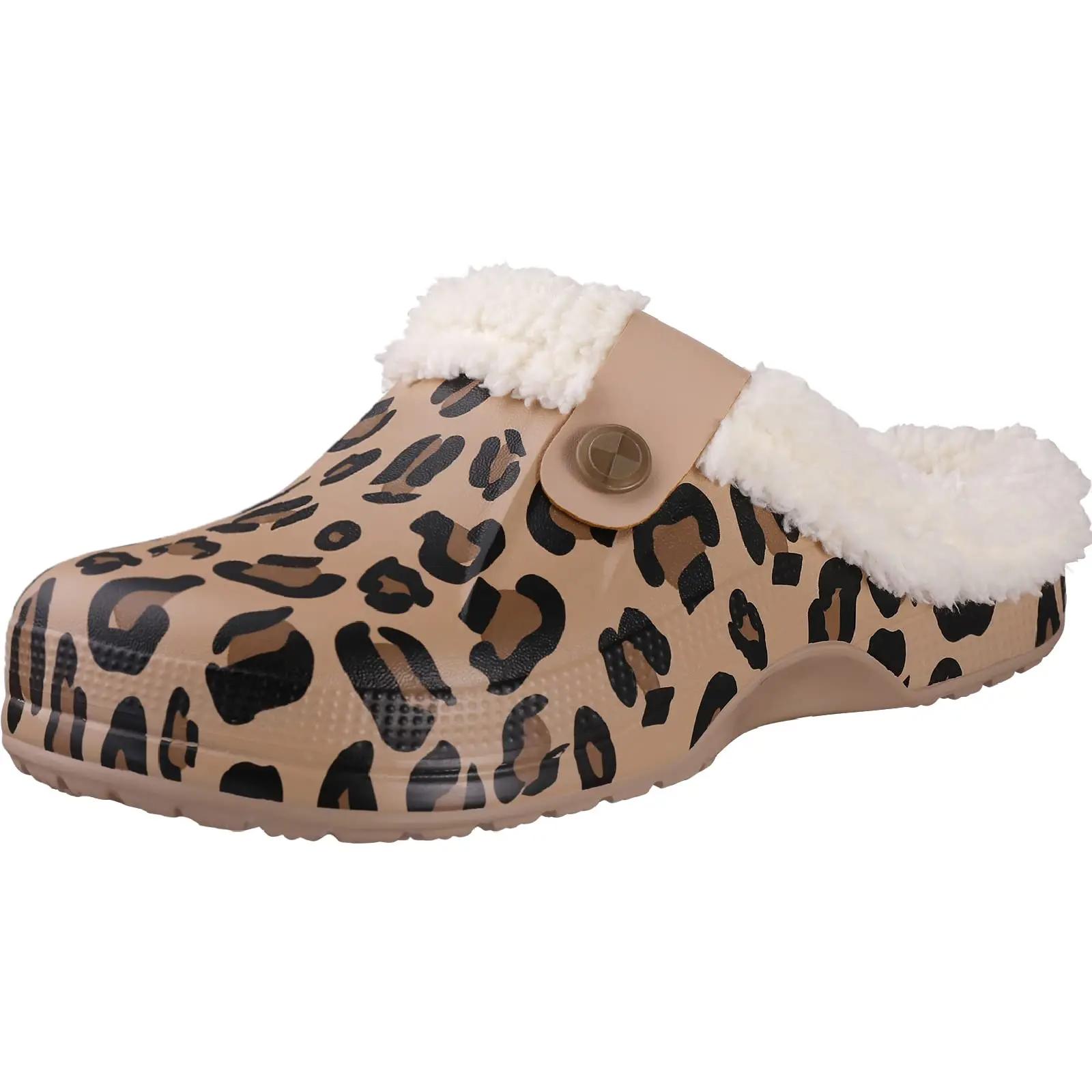 Comwarm Herren Clogs Hausschuhe Winter Warme Gartenschuhe Rutschfeste Wasserdichte Hausschuhe Männliche Weiche Fuzzy Slides Pelz Clogs Plüsch Slipper 37-38(9-9.2 inch) leopard print