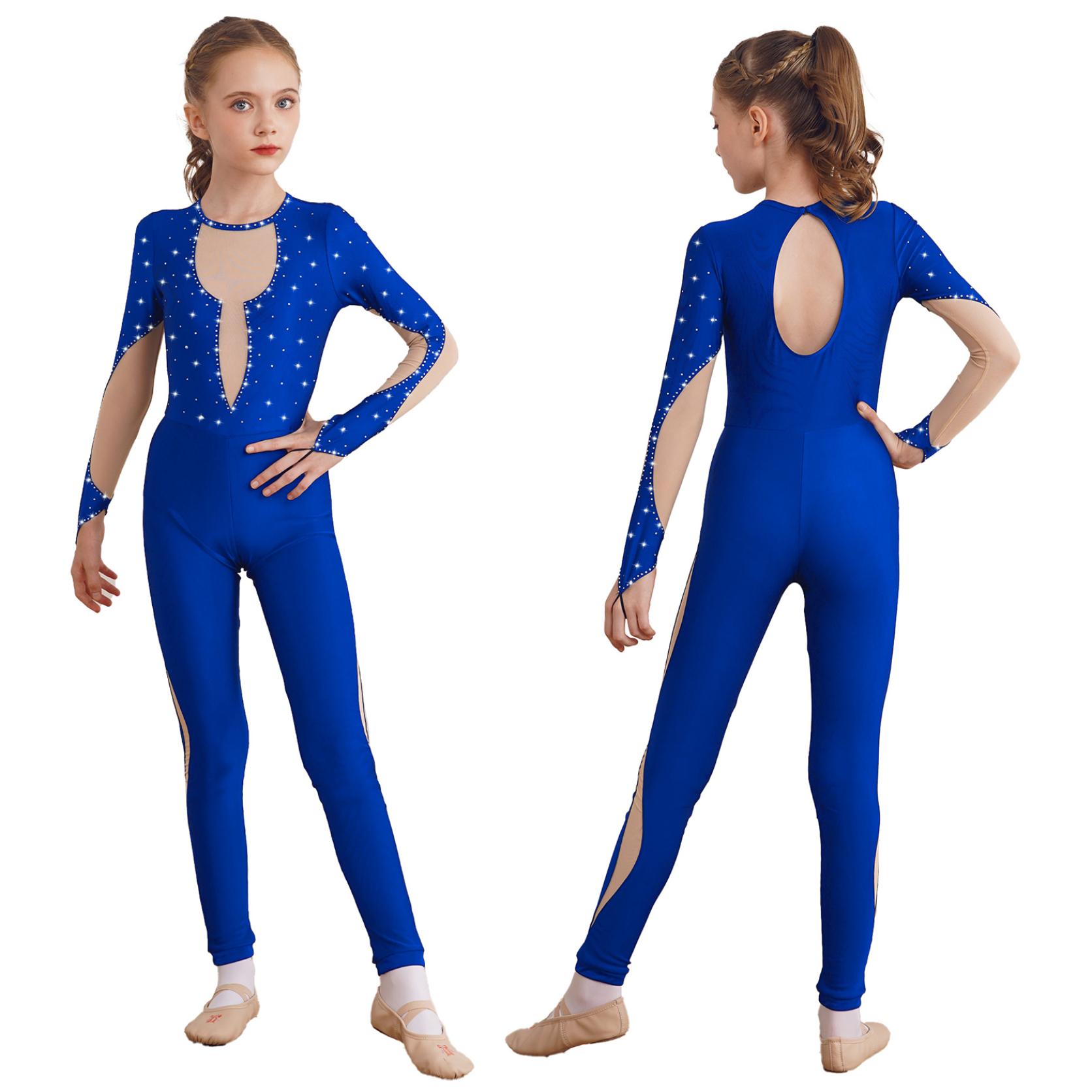 Kinder Mädchen Jazz Dance Overall Akrobatik Gymnastik Trikots Glänzende Strass Activewear Ganzanzug Eiskunstlauf Overall 9-10 Years königsblau