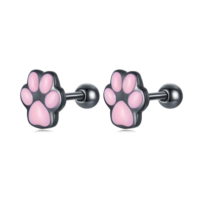 WOSTU Echt 925 Sterling Silber Katze Ohr Hoop Ohrringe Für Frauen Schöne Rosa Nette Pet Paw Studs Clips Mädchen Einzigartige schmuck Geschenk B
