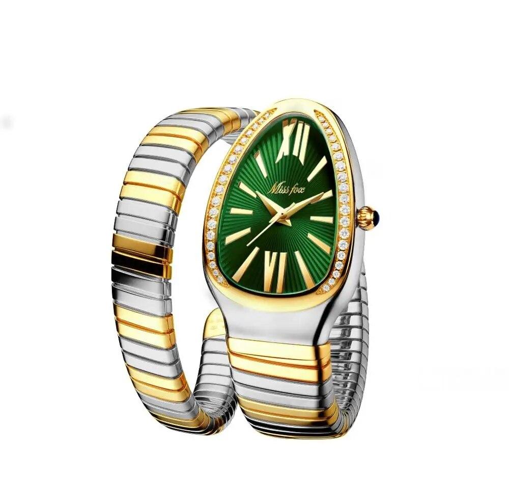MISSFOX Damenuhren Schlangenform Luxus Armbanduhr Für Frauen Stahl Einzigartige Gold Quarz Damenuhr Uhr Relogio Feminino