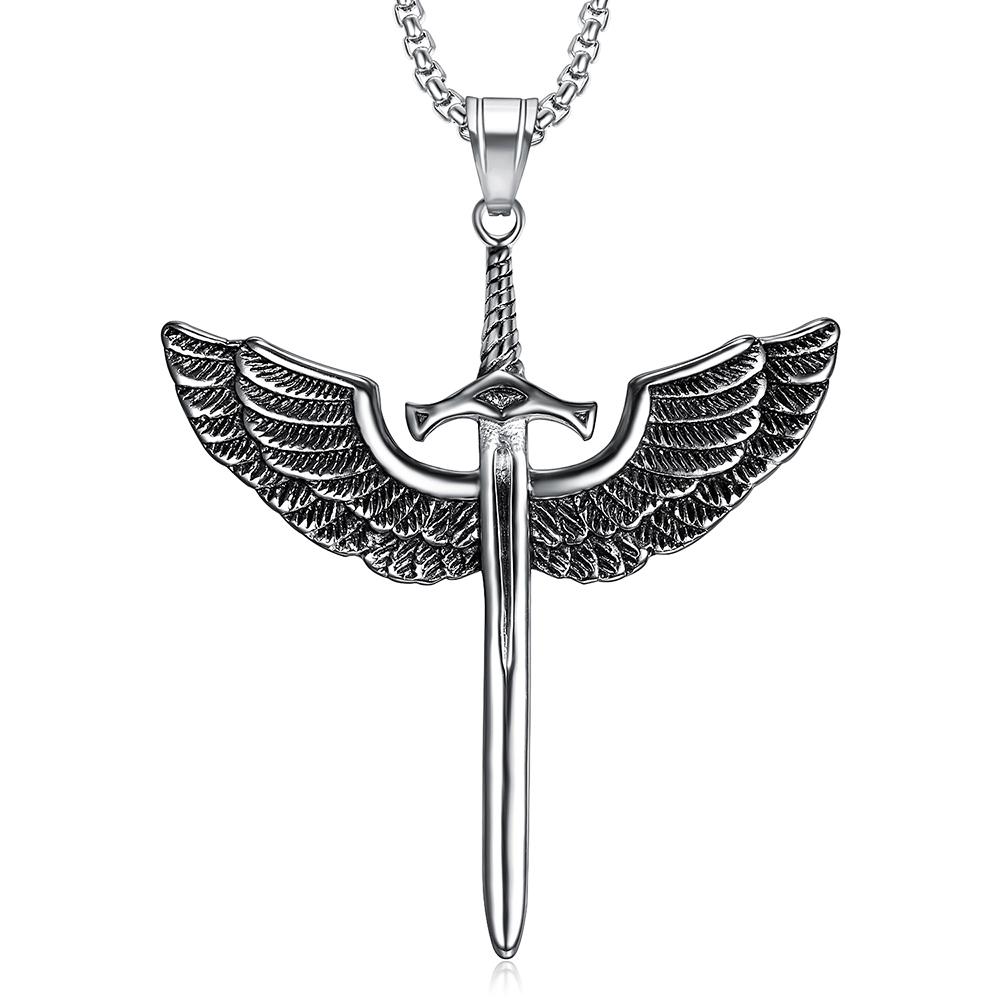 Engelsflügel Anhänger Halsketten für Männer Frauen Edelstahl Charms Kette Heiliges Schwert Kreuz Anhänger Unisex Schmuck Zubehör