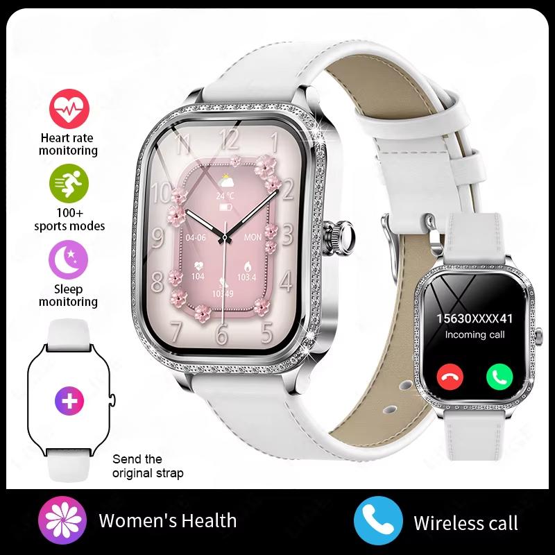 2025 Neue Smartwatch Damen 1,75 HD-Display Herzfrequenzmesser IP68 Wasserdicht Sport Fitness BT Anruf Smartwatch Für Dame Geschenk Leather Belt silber