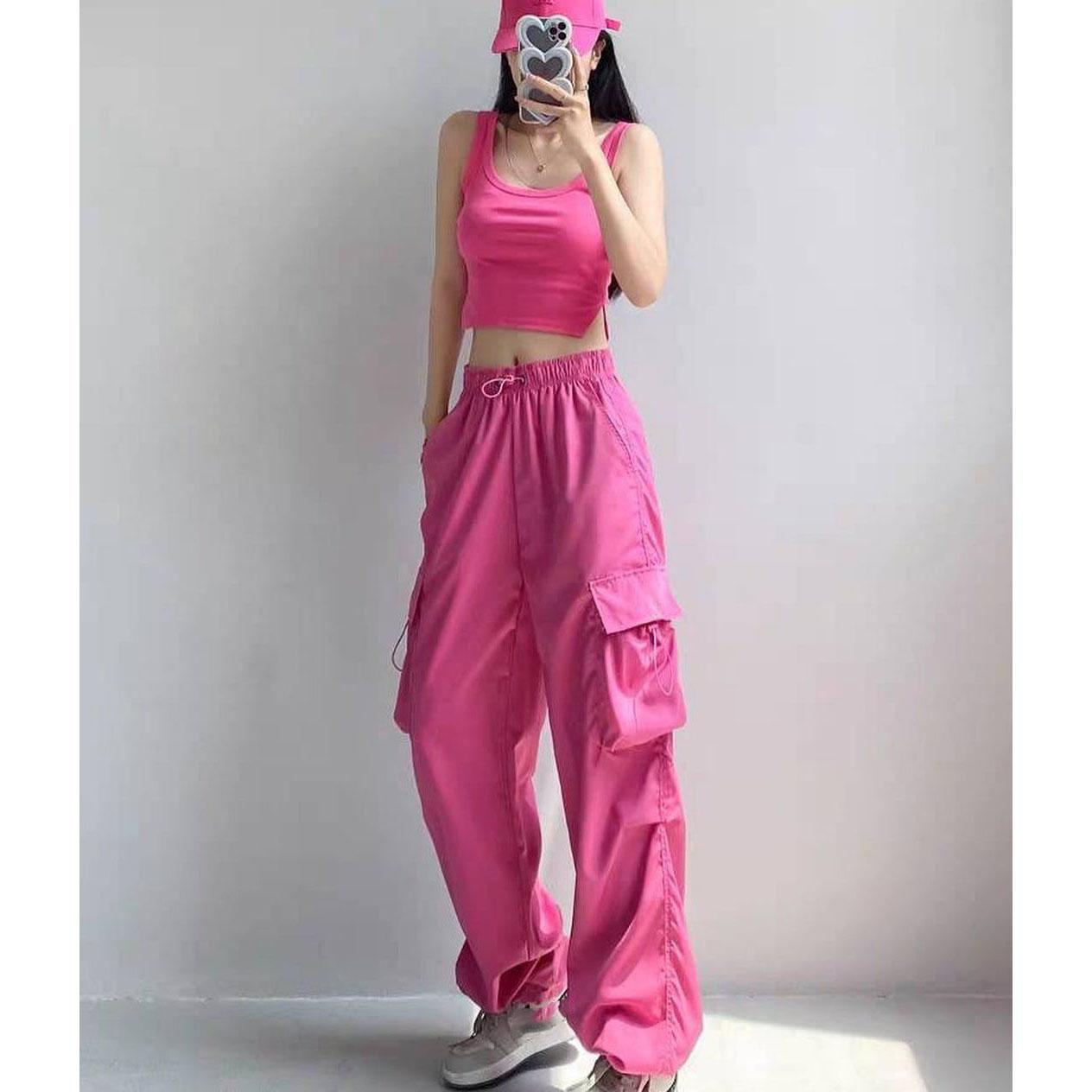 Streetwear Frühling Harem Casual Hosen Männer Elastische Taille Einfarbig Cargo Hosen Multi Tasche Lose Baggy Hosen für Frauen S rose rot