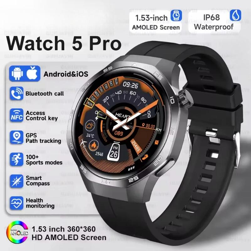 2025 Neue Watch GT5 Max Smartwatch HD AMOLED Bildschirm NFC GPS Tracker Bluetooth Anruf Gesundheit Wasserdicht Smartwatch Männer Frauen Für Huawei Black Silicone