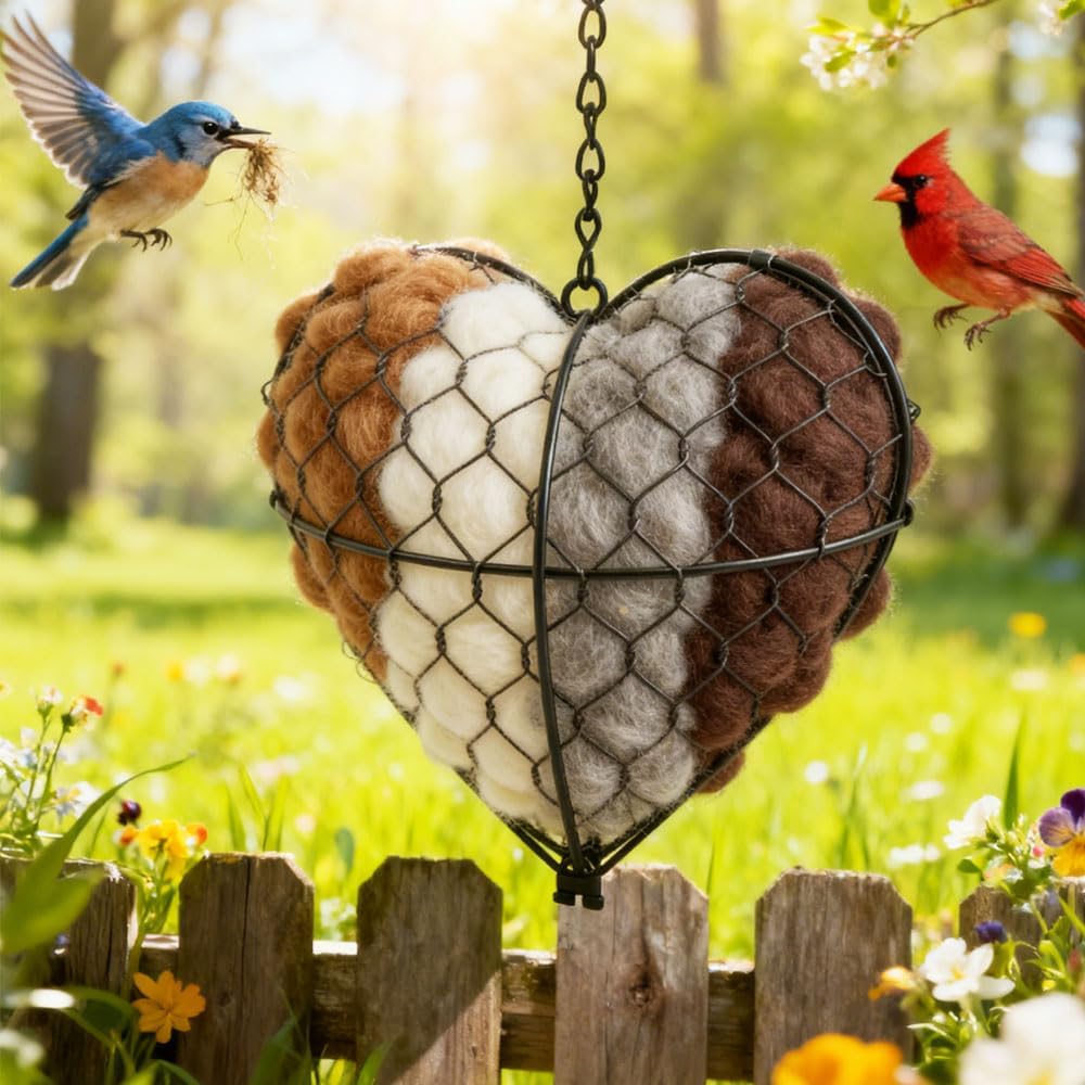 Handgefertigtes Faser-Vogelnesthäuschen Herz, 2026 Upgrade Alpaka-Faser Vogelnesthäuschen Herz, Wintergeflügel Geschenke Tier Kolibris Liebhaber Haus Garten Hof Pack of 1