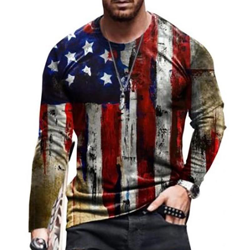 Amerikanische Flagge Drucken Langarm männer T-shirt Frühling Herbst Lose Tops Casual Mode All-Match Oansatz Männer Kleidung 5XL EU Größe XL
