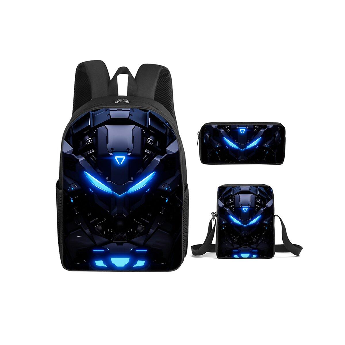 Mechanische Roboter Print 3er Set Rucksack mit Umhängetaschen, Federmäppchen für Jungen/Mädchen Bestes Geschenk Cartoon Schüler Schultaschen black