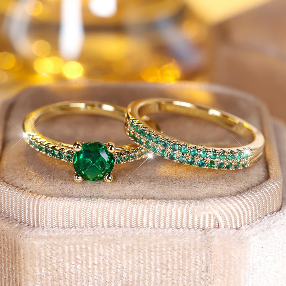 Glänzender Zirkoniastein, Mikrogepflasterter Brautring, Romantische schwarze Verlobungsringe, Hochzeitsschmuck, Geschenk 9 grün/gold