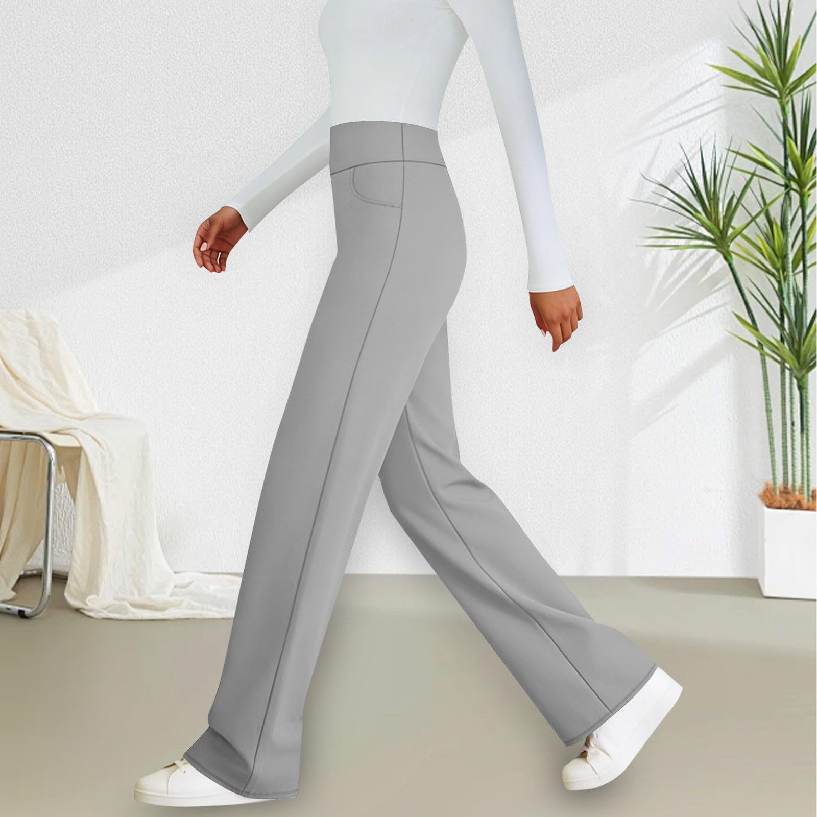 Damen Elastische Hose mit Hohem Bund Lässige Passform Weites Bein Lange Hose Hose mit Taschen M