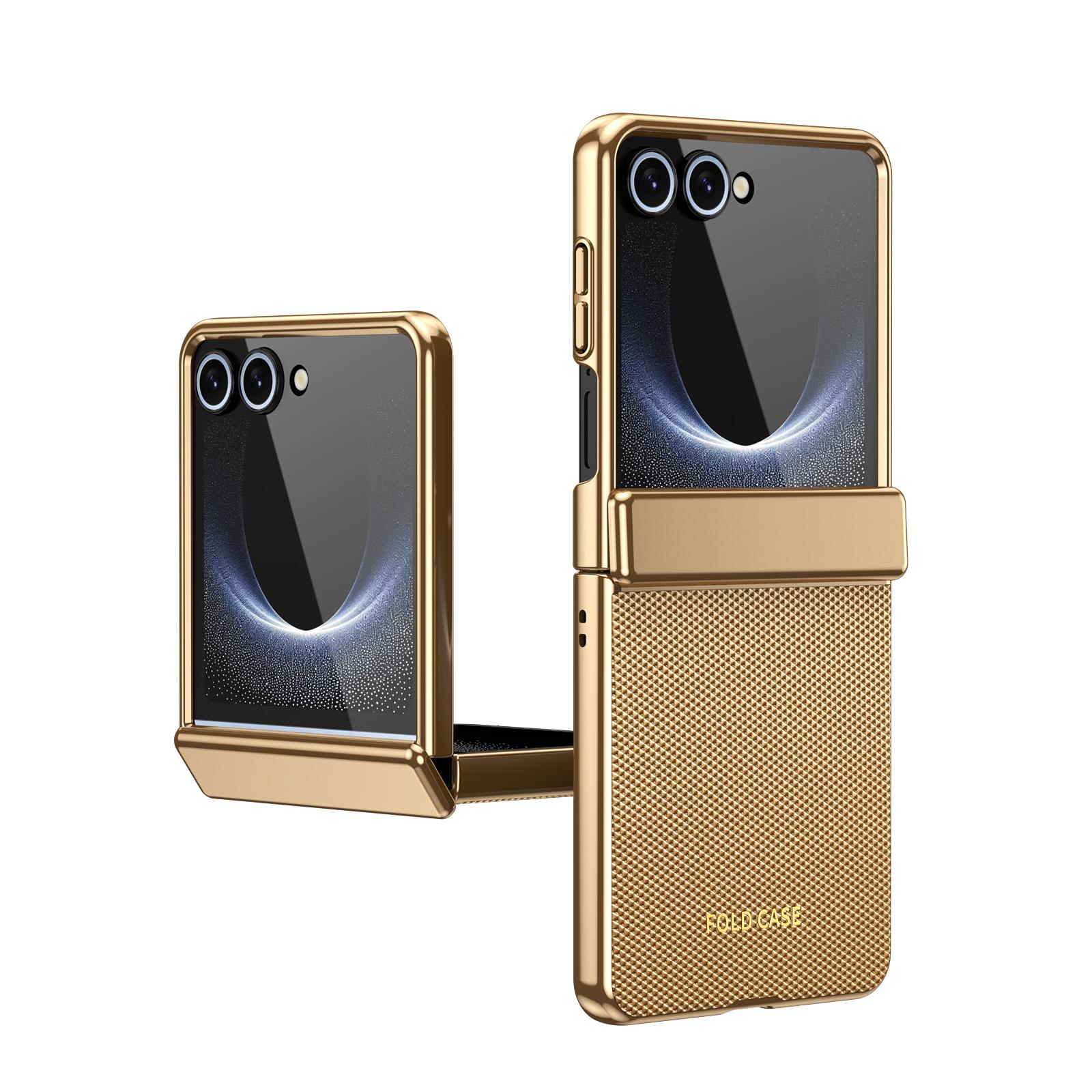 Für Samsung Galaxy Z Flip 8 gehärtetes Glas Displayschutzfolie mit Silikon-Haptik mit Linsenständer stoßfeste Handyhülle Galaxy Z Flip 8 gold