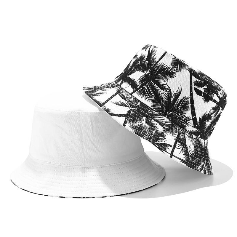 Unisex Casual Sommer schwarz und weiß Kokospalme Druck Fischer Hut Outdoor Shade Panama Hut weiß