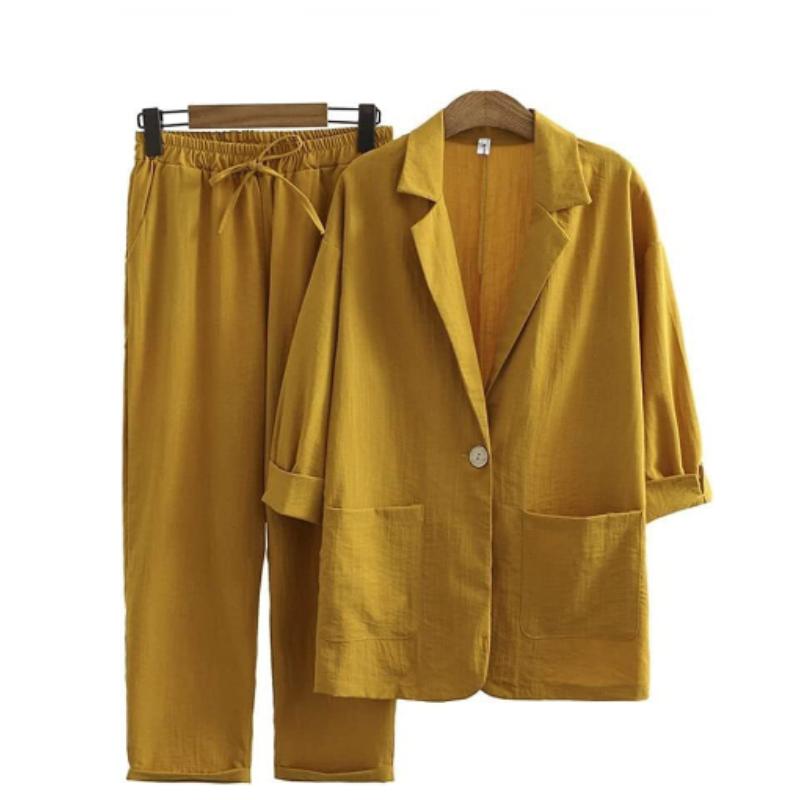 Zweiteiliger Anzug aus Baumwolle und Leinen für Damen, Jacke + Hose, Herbst, lockere Mode, lässiger Anzug aus Baumwolle und Leinen, Jacke XL gelb