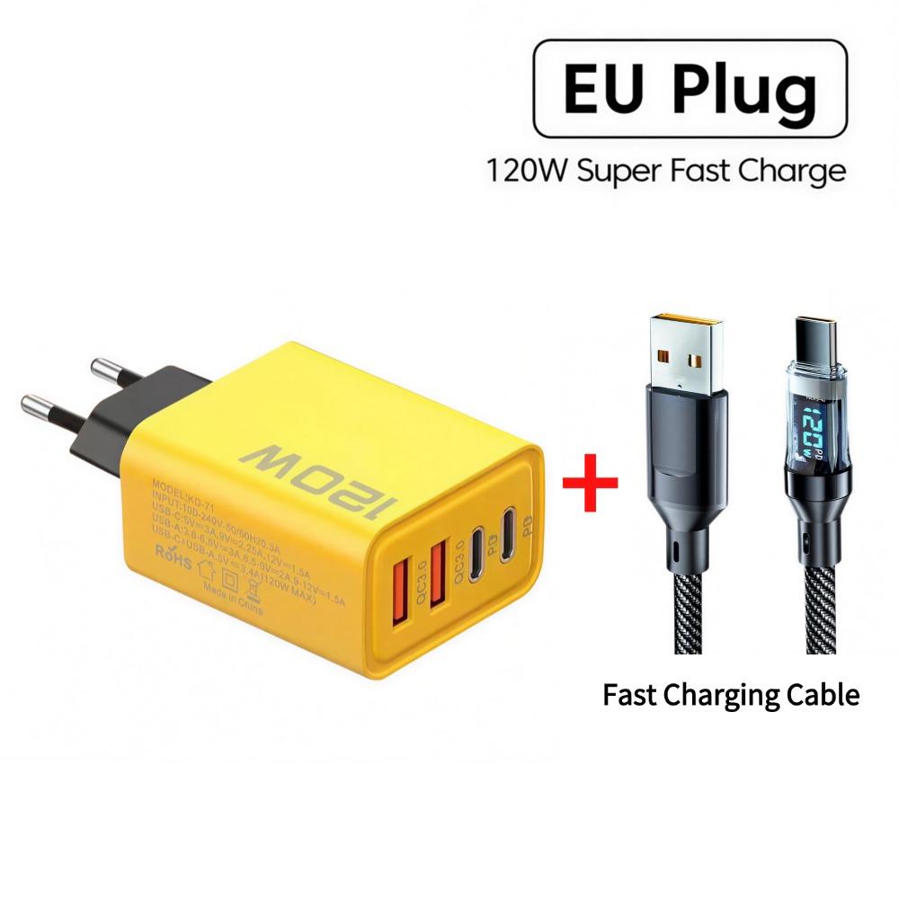 120W 4-Port-Telefonladegerät-Adapter 2 USB + 2 Typ C PD Schnelllade-Mobiltelefon-USB-Ladeadapter für iPhone Huawei Samsung EU Plug