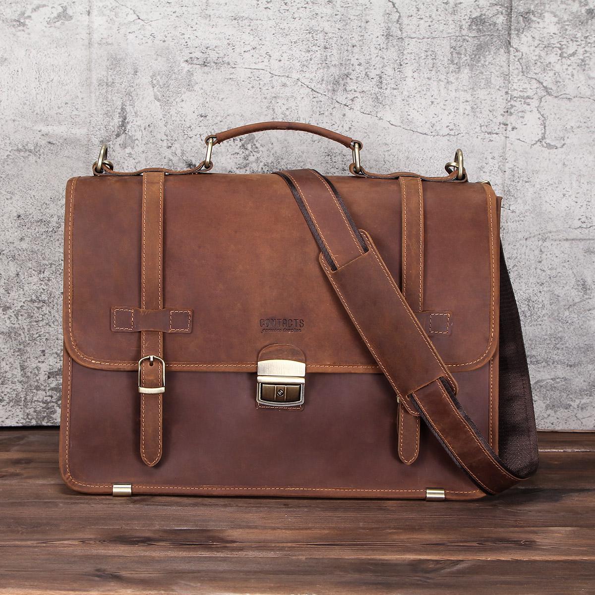 CONTACT'S männer Crazy Horse Leder Aktentasche Männer Business Tasche Für 14 Zoll Laptop Männlichen Echtes Leder Schulter Messenger Taschen kaffeebraun