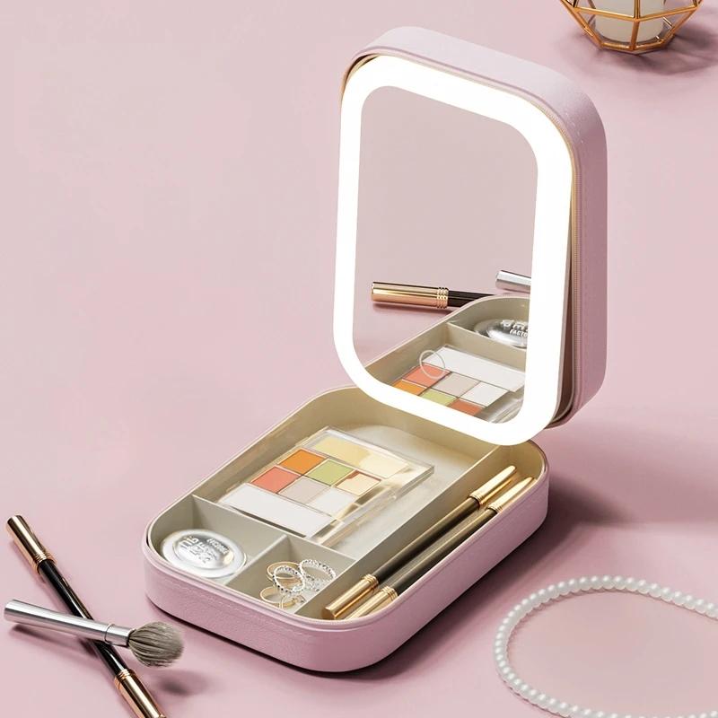Make-up-Aufbewahrungsbox, LED-Spiegel, Kosmetik-Aufbewahrungsbox, modische tragbare Reise-Make-up-Tasche, einfacher Make-up-Koffer mit Spiegel für Frauen