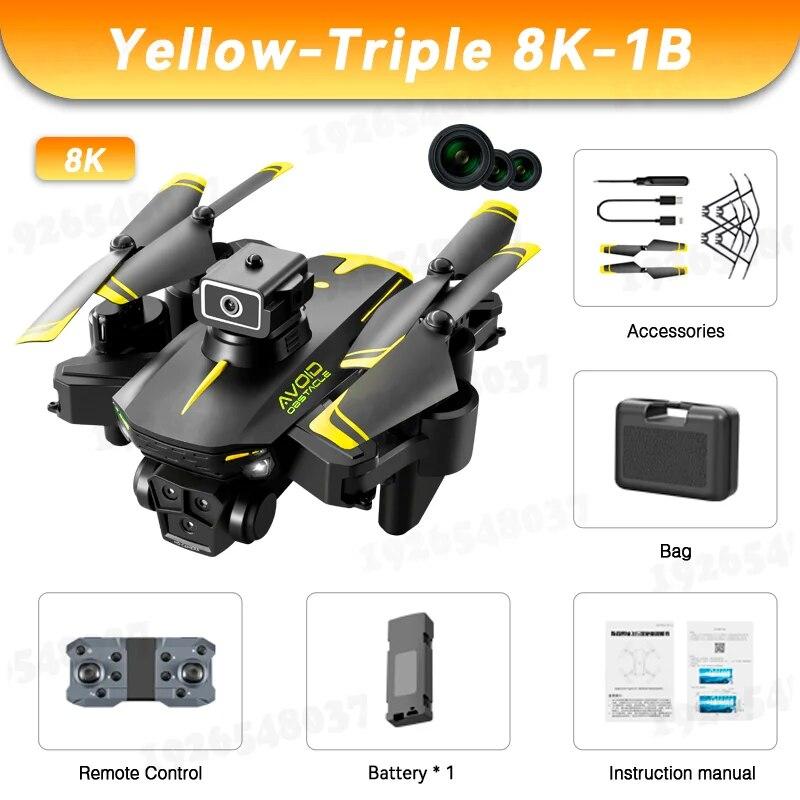 Neue KY605S RC-Drohne (Modelljahr 2025) mit GPS, 8K-Auflösung, ESC, drei Kameras, Weitwinkel-Optical-Flow-Positionierung, Vier-Wege-Hindernisvermeidung und einer Reichweite von 5000 m. 8K-1B gelb