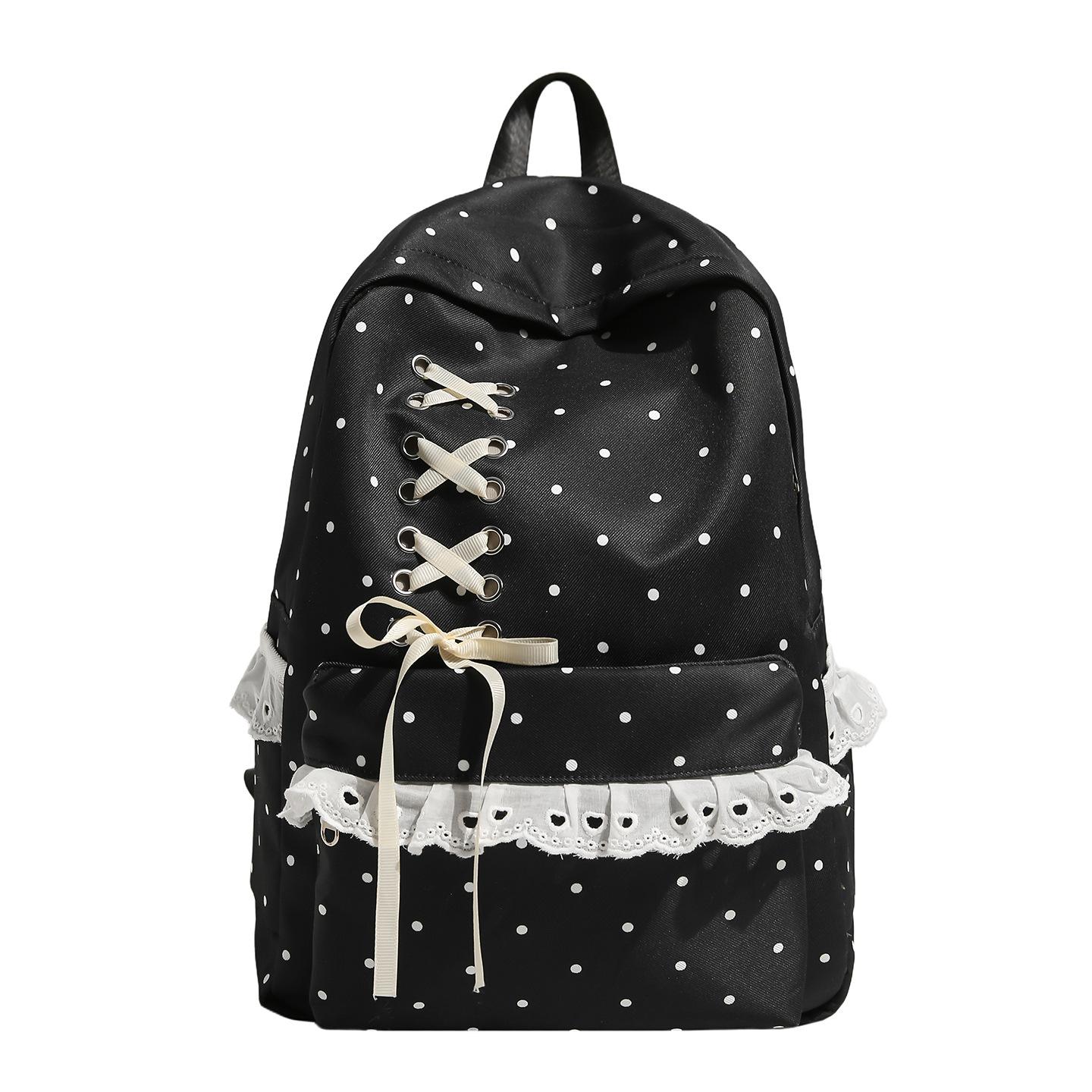 Kawaii Rosa Gepunkteter Spitzenrüschen-Rucksack für Mädchen Japanischer JK-Stil Kreuzschnürung Schultasche für Grund- und Mittelschüler Niedliche Reisetasche 30*12*40cm schwarz