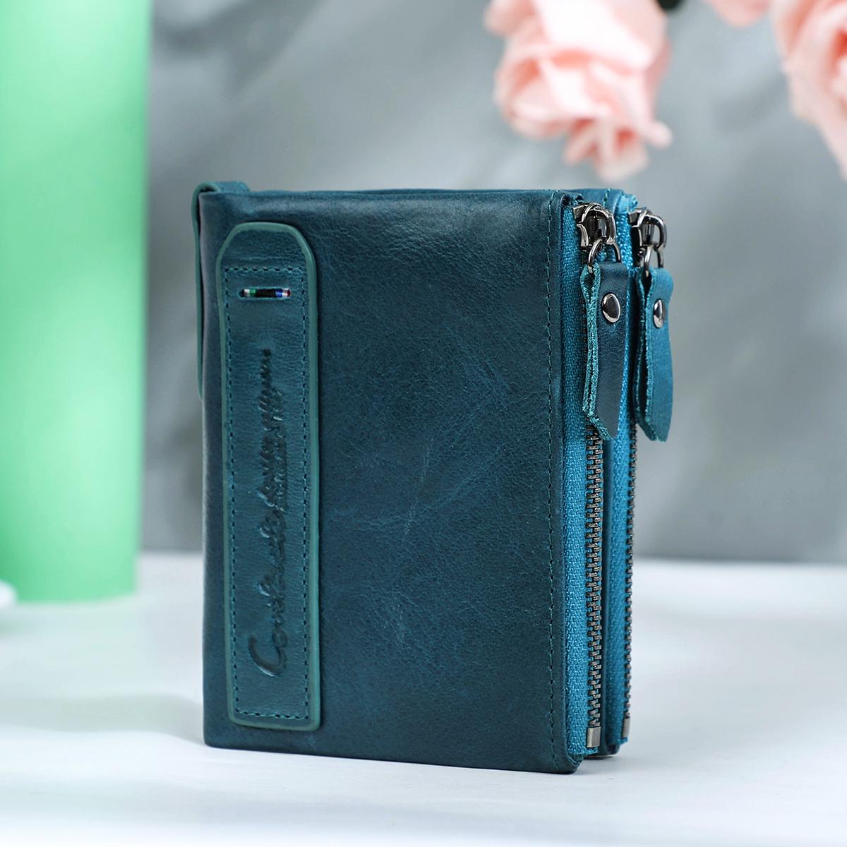 CONTACT'S Modische Damen-Geldbörse aus echtem Leder, Ausweishalter mit Doppelreißverschluss, kleine Damen-Geldbörse blau