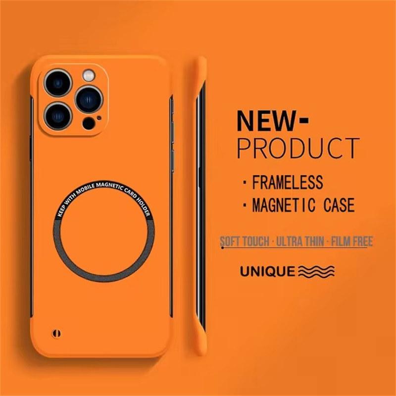 Ultradünne, harte, magnetische, rahmenlose Telefonhülle aus PC für Magsafe iPhone 15 14 Pro Max 13 12 11 Pro Max, matte, einfarbige Hülle iPhone 14 Pro Max orange