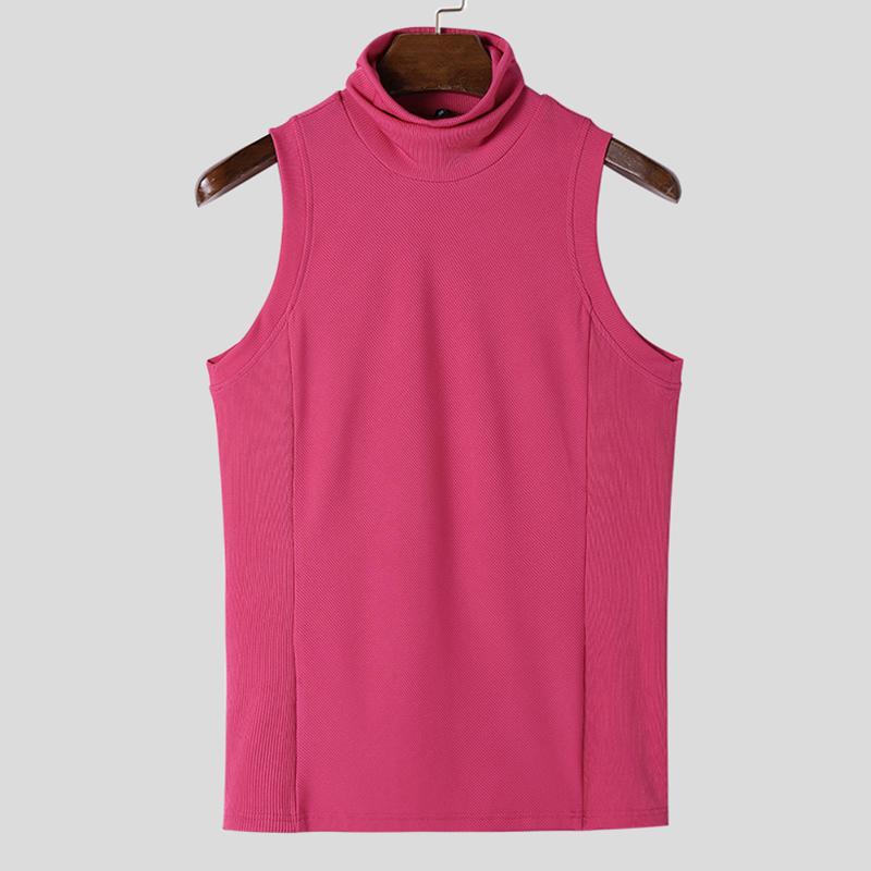 INCERUN Herren ärmellose Rollkragenpullover einfarbige Strickoberteile Westen L rosa