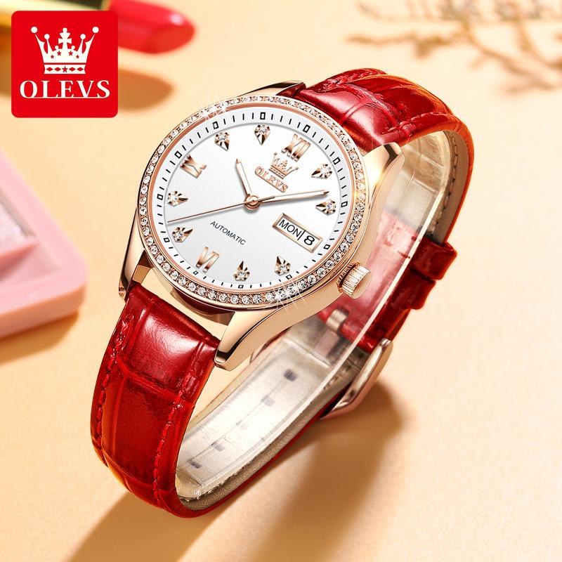 OLEVS Uhr Automatische Mechanische Uhr Leder Wasserdicht Damenuhr Damenuhr