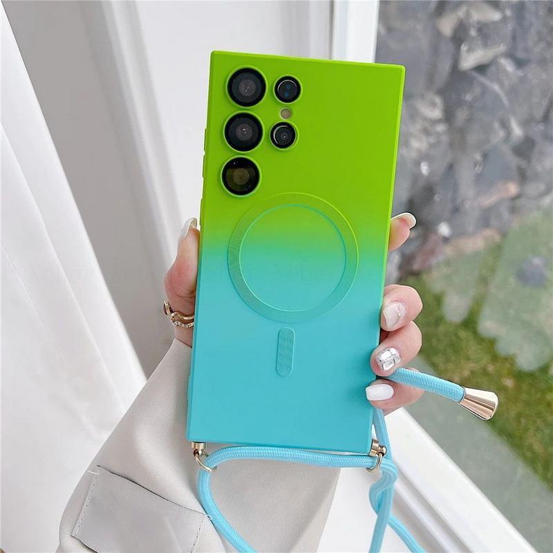 Handyhülle mit Farbverlauf und zweifarbiger Linie für Samsung S25 Ultra S24 S23 Plus S22 Ultra Einfache stoßfeste TPU-weiche Magnetschale Crossbody-Handyhülle mit Lanyard Samsung S23 Ultra blau/grün