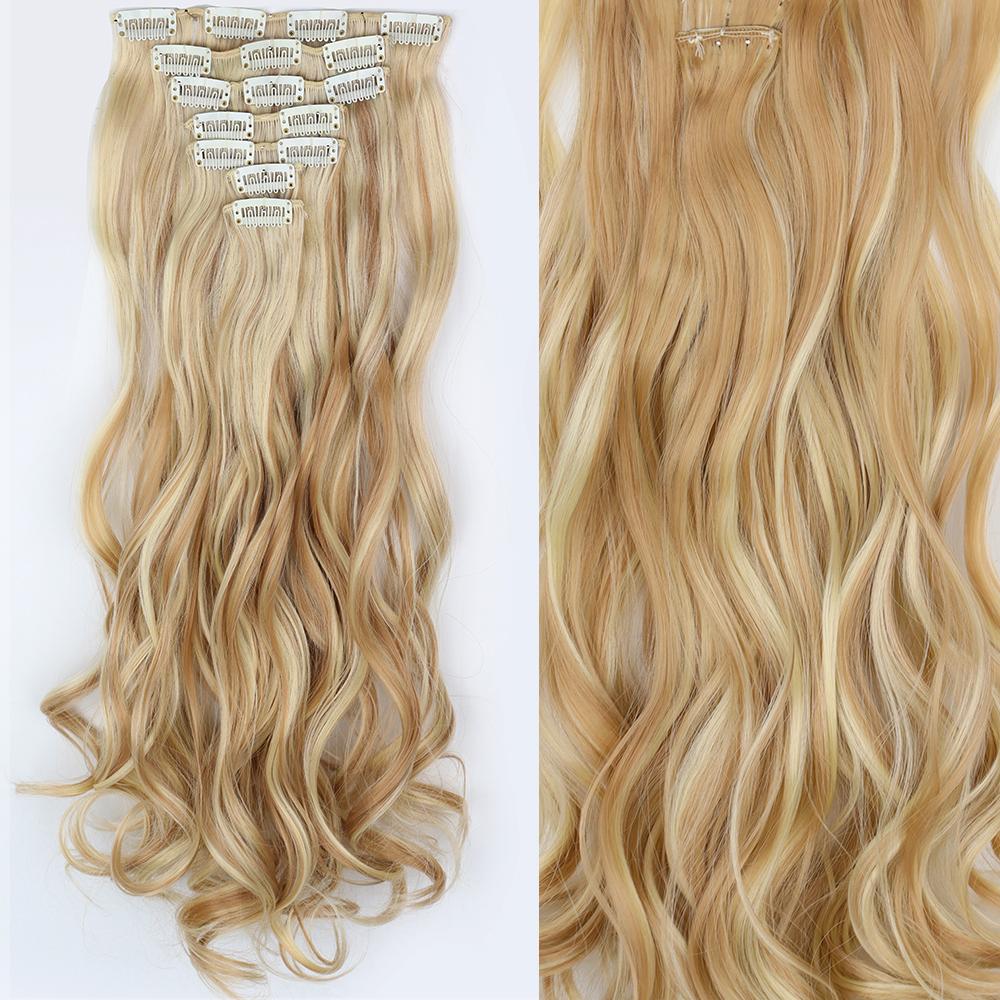 LISI HAIR Natürliches schwarzes gewelltes langes synthetisches Haarteil, 16 Clip-Haarverlängerung, hitzebeständiges Faser-Haarteil, Kunsthaar für Frauen, 7 Teile/Satz 60 cm white